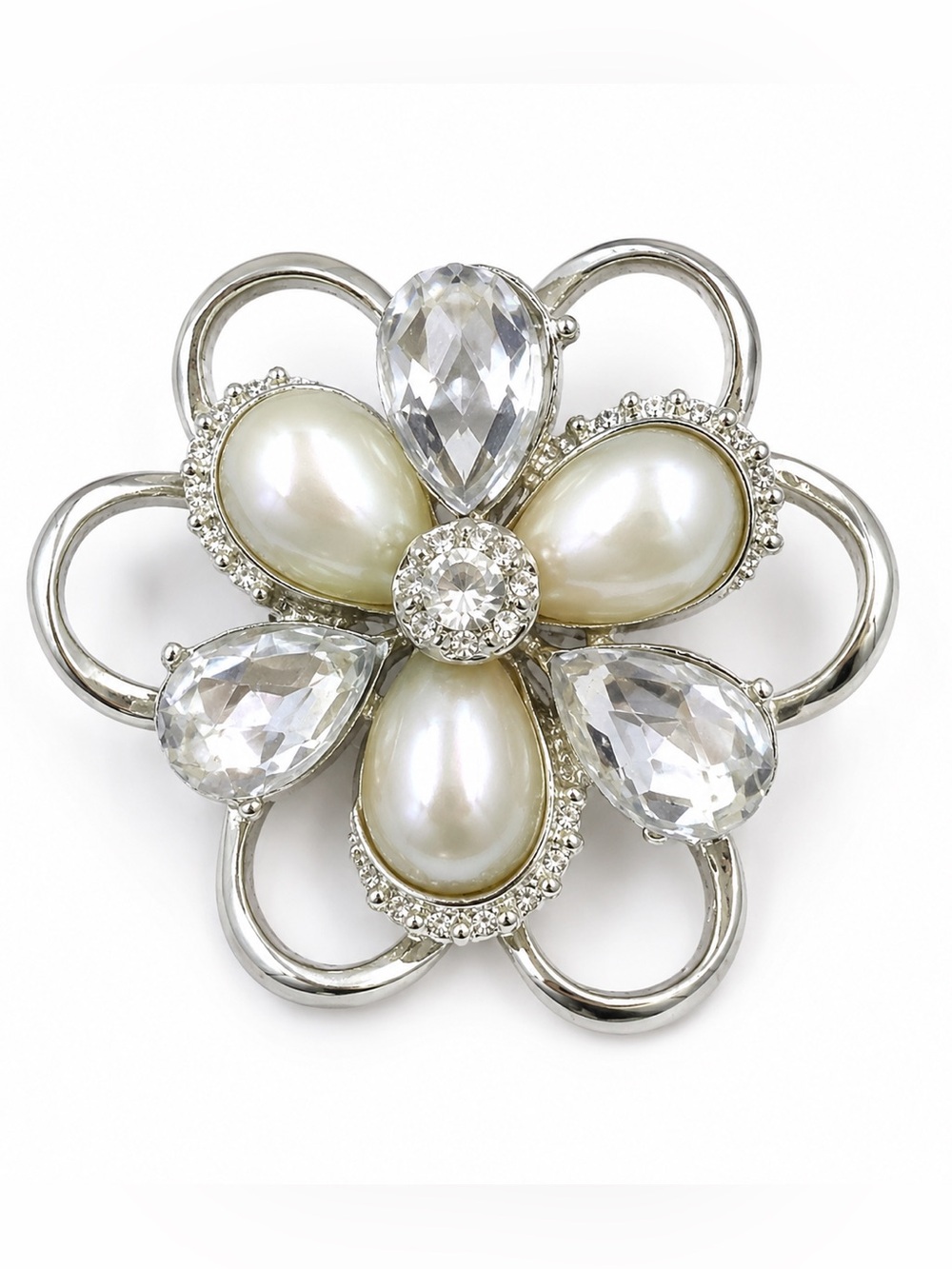 Vintage Silver Tone Faux Pearl & Crystal Flower Brooch Pin Floral Statement 2”